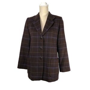 Ellen Tracy 100% Wool Jacket Blazer Brown Plaid Dark Academia Size 4 Oversized